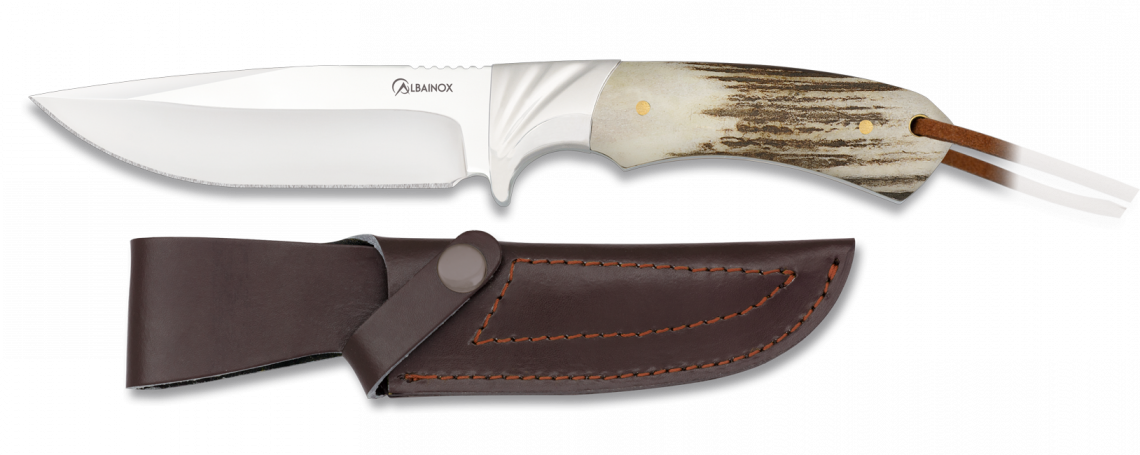 Poľovnícky nož s koženým púzdrom, parohová rukoväť ALBAINOX