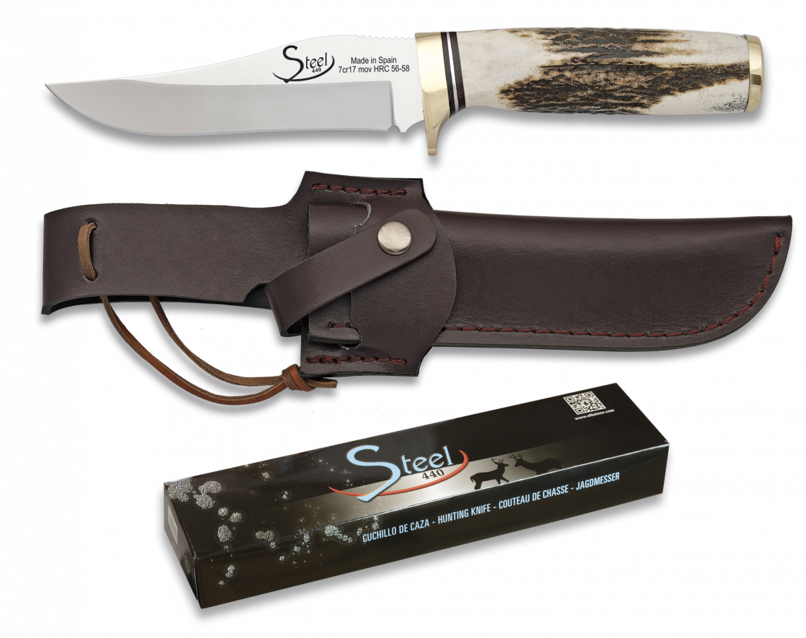 E-shop Poľovnícky nôž s koženým puzdrom, parohová rukoväť 31913